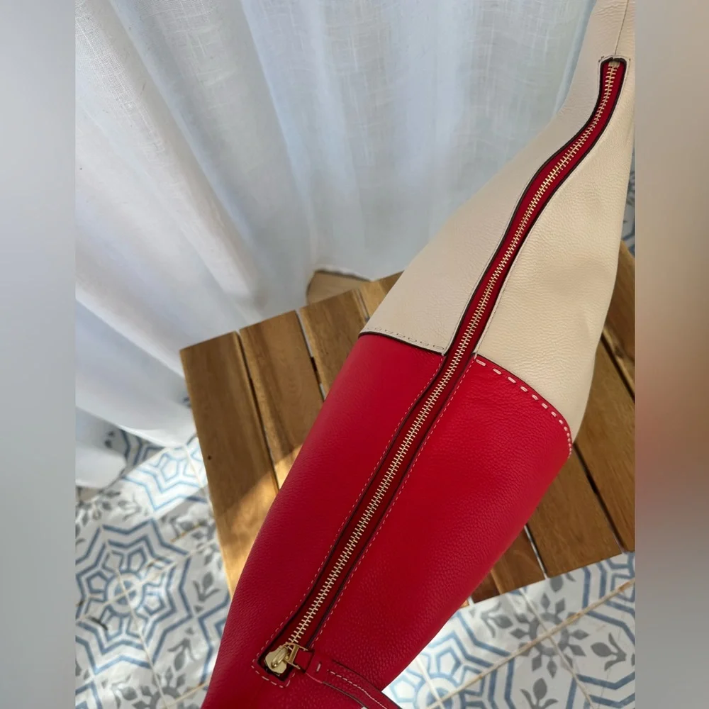 Tory Burch McGraw Colorblock Zip Bucket Bag Brilliant Red New Cream Leather Hobo